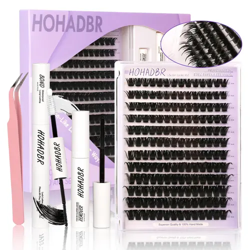 HOHADBR Lash Extension Kit with Soft Wispy Lash Clusters, Long-Lasting Wear for Beginners, Complete DIY Set with Glue, Remover & Tweezer, Beauty Products