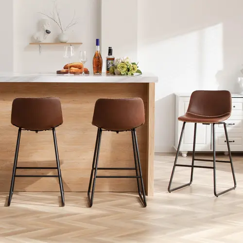 FIRAVOE Modern PU Leather 26" Counter Height Bar Stools Set for Family - Indoor Home/Commercial Bar/Coffee Room Furniture, Black Metal Legs, Rust-Resistant Steel, High-Density Foam Soft Backrest, High Capacity, Scratch-Safe Pads, Easy Assembly