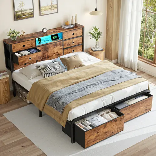 Raybee Bed Frame with 8 Drawers & Bookcase Headboard, Platform LED Bed Frame for Queen/Full/King Size with USB Ports Charging Station,  Space Saving Modern Industrial Bedframe for Teens, Dorms, Apartment, Guestroom, Studio. 880lbs Capacity, Black, Brown