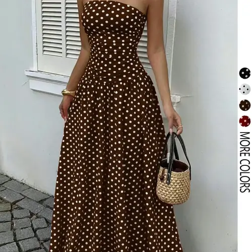 Women's Elegant Chic Fashion Polka Dot Strapless Dress, Stylish Sleeveless Maxi Dress for Parties and Casual Wear Womenswear, Elegant Evening Dress, Formal Dress