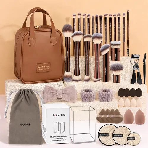 MAANGE 45PCS Professional Soft Bristles Cosmetic Makeup Tools Set with Bag - Full Face Kit for Powder, Liquid, Cream Application, Includes Sponges & Powder Puffs, Women's Gift Set