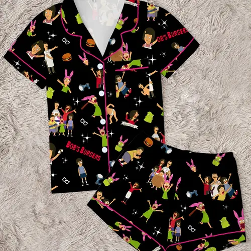Bobs Burgers Family Cute Burger Print Lapel Short Sleeve Shorts Pajama Set, Womenswear Pyjamas Comfortable Casual Loungewear Outerwear Party Gift Home Wear, Nightwear, Pjs, Home Leisure Wear