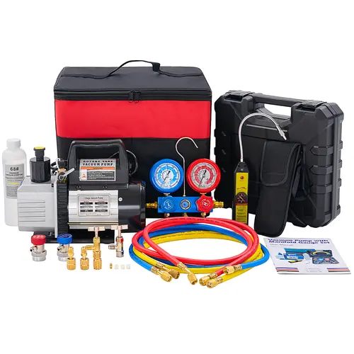 Sweetcrispy All-in-1 HVAC Service Kit, 110V 1/3 HP 4 CFM Aluminum Single Stage Vacuum Pump, Accurate R134a Manifold Gauge Set (0-140 psi), Leak Detection Tool, 1/4" Hoses, Assorted Adapters & Carry Bag for HVAC AC Refrigeration, ETL Listed