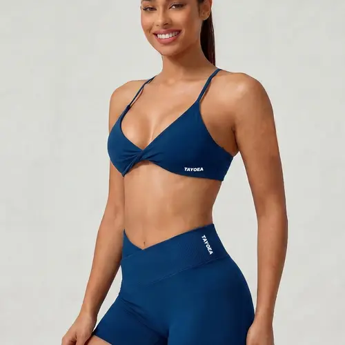 TAYOEA Seamless Sporty Two-Piece Set, Twist-Front Strappy Sports Bra & V-Crossover Waist Hip-Lifting Tight-Fit Shorts, Ideal for Indoor & Outdoor Wear