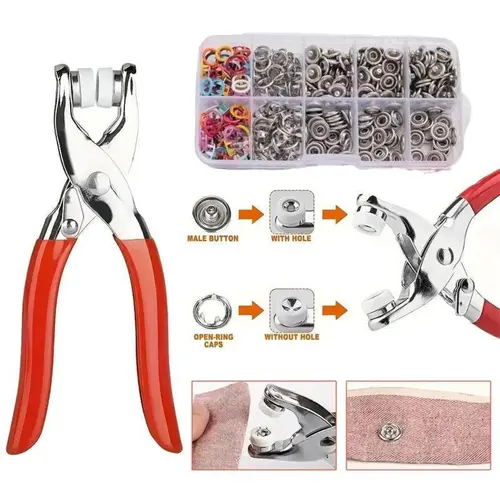 9.5mm Fade Resistant Metal 5-Claw Snap Button Set with Fastener Pliers - Sewing Accessories and Supplies, 200 Sets Sewing Tool Kit for 1-3cm Thick Fabrics, Manual DIY Home Craft Seamless Fastener Tool