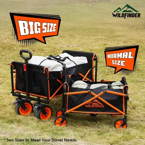 Wildfinder Big Size Lightweight Folding Utility Wagon Carts - w/ Wheels, Collapsible Heavy-Duty (330 lbs Capacity) Featuring Adjustable Handle for Camping, Gardening, Sports & Grocery Use
