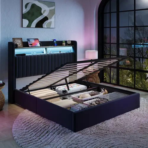 SHA CERLIN Queen Size Bed Frame with Modern Wingback Headboard, Hydraulic Lift-Up Hidden Storage Compartment, Charge-Ready Shelves, LED Light, Wood Slats Support, No Box Spring Needed - Apartment Indoor Furniture