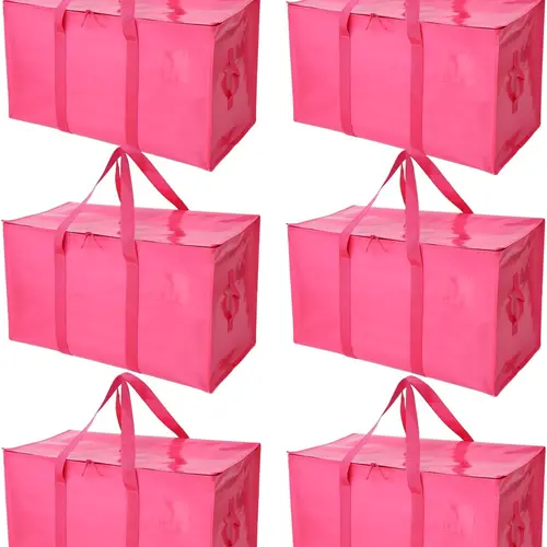 Summerwins 6-Pack Heavy-Duty Classic Large Collapsible Storage Bags, Durable Plastic Organizers with Handles, Zippers, Daily Use Zipper Pouches for Moving Supplies (Pink)