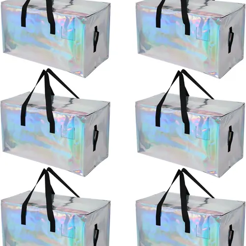 STOWM 6-Pack Sturdy Classic Printed Extra-Large Zip Storage Bags Set, Collapsible Home Organiser Totes with Handles, Waterproof Bags for Home and Office (Laser Silver)