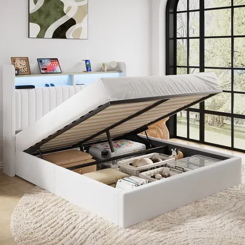 SHA CERLIN Modern Platform Bed Frame - Wingback Design with Hydraulic Lifting Under-Bed Storage, Charging Outlet Shelves, LED Light Headboard, Wooden Slats Support, Skip Box Spring (Full, Queen, King Sizes) - Save Time