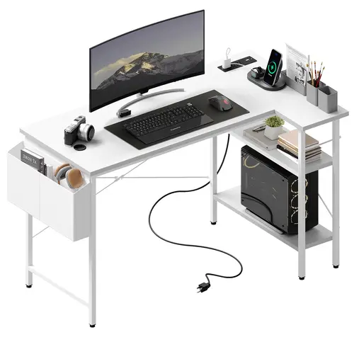 Sweetcrispy 39-Inch Sturdy Gaming PC Desk - Multi Functional Desk Workstation with Power Strip (2 EU Outlets Nearby, USB-A), Reversible Storage Shelves for Home Office Gamers