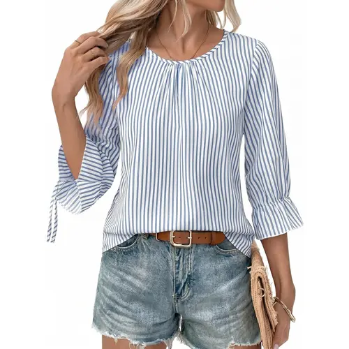 Shewin Women's Casual Basic Striped Pullover Blouse - 95% Poly 5% Elastane Flex, Scoop Neck, 3/4 Tie-Flare Sleeves, Back Buttons, Long Sleeve Tops Option, Colorfast, Cold Wash, Classic Patterned Blouses & Shirts for Basic Outfit Ideas | Women's Tops