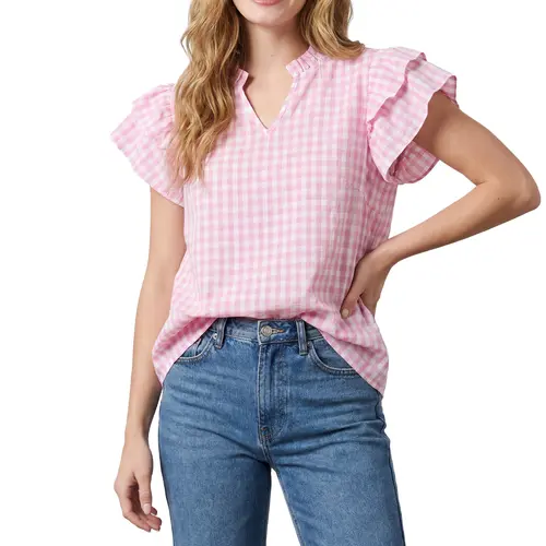 Shewin Women's V-Neck Short Sleeve Checkered Woven Blouse - 65% Polyester, 5% Stretch, Breathable Ruffle Details, Simple, Quick Wear, Women's Tops, Blouses for Women, Everyday Casual Beach Outfit Top