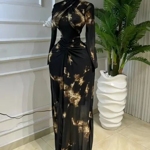 PULKRITU Women's Printed Draped Chic Long Sleeve Maxi Dress, Sexy Sheer Mesh Cocktail Prom Gown for Prom, Party and Music Festival, Club Party Dress