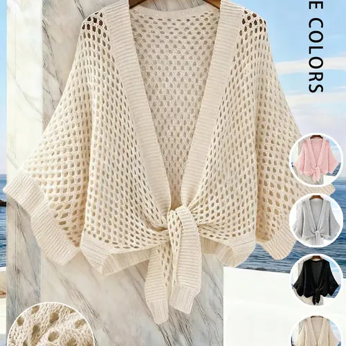 Women's V-Neck Hollow-Out Knit Short Cardigan, Breathable Outerwear, Casual Fitted Knitwear for Spring & Summer