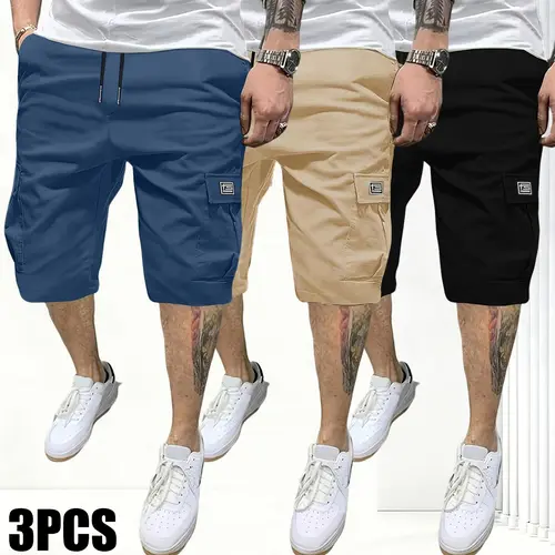 Men's 3-Piece Plain Cargo Shorts Set - Mens Clothing, Matching Loose-Fitted Breathable Cargo Men's Shorts, Relaxed Fit, Multi-Pockets, Mid-Rise, Durable Polyester Fabric for Summer Everyday Wear,father'sdaygifts