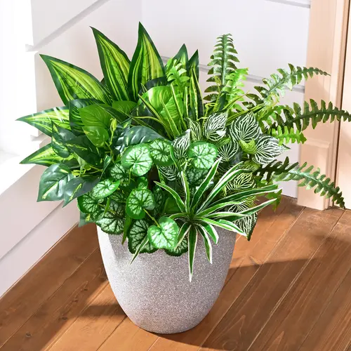 Lifelike Artificial Flower Frosted Lavender Faux Round Leaf Plastic Plant Bundle Sets (8/13 Stemmed Bunches) - UV Resistant, Long-Lasting Fern & Philodendron Ornaments, Large Bunches with Varied Leaf Shapes for Patio Home Decor
