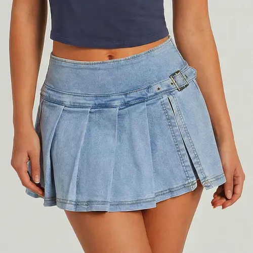 EMMIOL Denim Mini Skirt for Women - Mid-Low Waisted Stretch Side Zipper Skort Y2k Casual Jean Skirts with Shorts Underneath【Back to School】