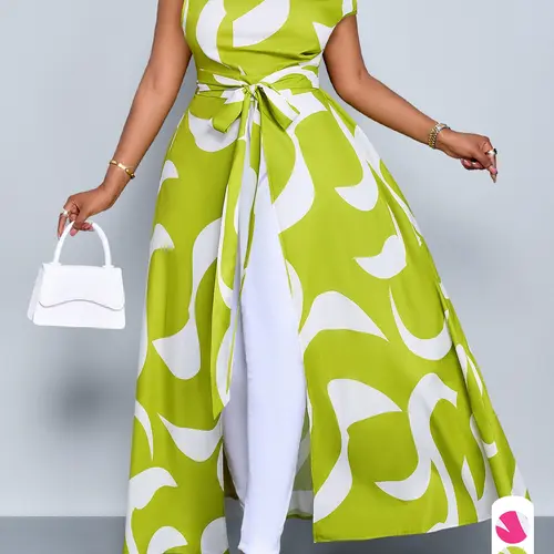 Plus Size Women's Elegant Chic Fashionable Geometric Print Dress, Spring & Summer Casual Sleeveless Shirt Dress, Slim Fit Split Design, Womenswear, Casual Fashion Dresses