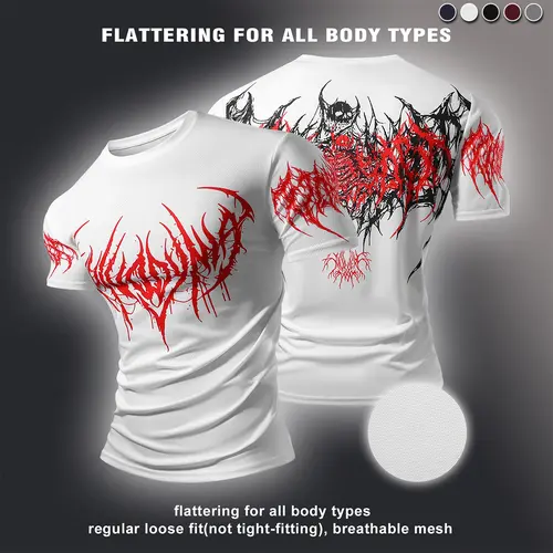 Men's Slim Fit Casual Crew Neck Round Short-Sleeve Athletic T-Shirt - Skull Tattoo Print, Lightweight Knit Mesh, Moisture-Wicking, Ideal for Gym Training, Summer Menswear Top
