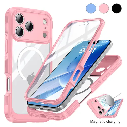 2 IN 1 Full Body Magnetic Case for iPhone 18 Pro Max 17 16 15 Pro Max, Built-in Tempered Glass Screen Protector, compatible with MagSafe, Shockproof Silicone Bumper Protective Cover