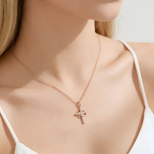 Women's Dainty Gilt Bronze Gold-Plated Sacred Heart Necklace - Pink Heart & CZ Crown Cross Pendant, Hypoallergenic Non-Tarnish, 18in with 2in Extender, Elegant Zircon Jewelry, Gift for Women's Baptism, Birthday, Easter, with Gift Packaging