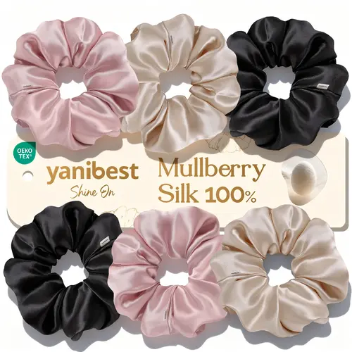 YANIBEST Women's 6-Pack 22 Momme 100% Mulberry Silk Scrunchies - Plain Strong-Hold, No-Damage Hand-Wash-Safe Hairbands for Coily, Wavy Locks, Athletic Use - Silk Hair Ties Gift Set for Messy Buns, Bouncy Curls