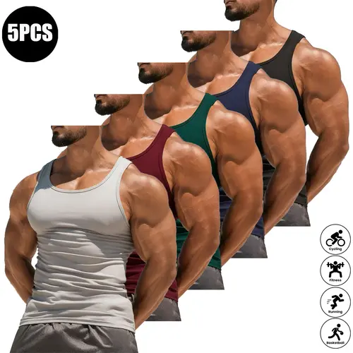 Men’s Summer 5-Pack Solid Color Tank Tops, Lightweight Breathable High-Stretch Sports Shirts, Suitable for Fitness Workouts and Everyday Wear, Plain, Athletic Apparel