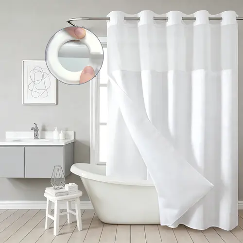 Hookless Polyester Textured Shower Curtain with Quick-Snap Attachments – Fabric Liner Set. Hotel luxury style bathroom curtain with clear top window — waterproof, machine washable, and odor-free.