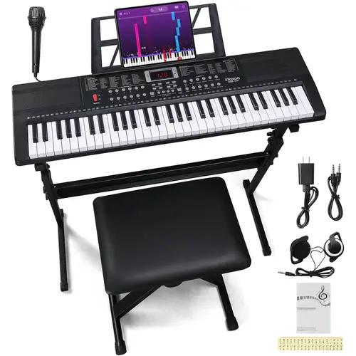 Glarry 61-Key Beginner Digital Piano Keyboard - Compact Black Instrument with Full-Size H-Stand, 52 Stereo Speakers, Surround Stereo, Headphone Quiet Feature, Mic Vocal Mode, Music Rest, Power Adapter, Bench, Manual for Music Learning & Teaching Modes