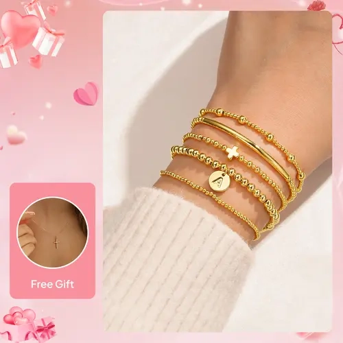 Turandoss Girls' Dainty Beaded Gold Cross Initial Bracelet Set - A-Z Personalized, 6" Inner Fit, Stackable Bracelets, Jewelry for Women, Mom Birthday Gift, Easter Present