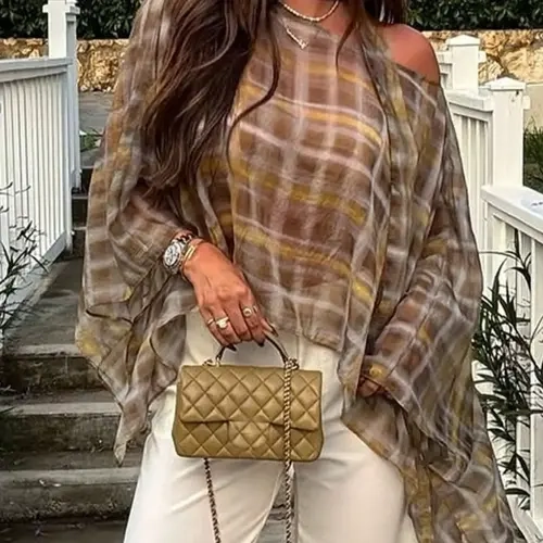 Women Plaid Poncho Top Loose Flowy Cape Blouse Oversized Chiffon Boho Style Shirt Asymmetrical Lightweight Boho Bohemian Womenswear Vacation Beach Cover Up Casual Chic Elegant Summer Outfit Brown Yellow Casual Classy Fashion Boho Clothing