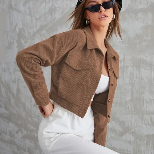 Women's Latest Basic Corduroy Knit Long Sleeve Fitted Womenswear Jacket, Casual Lapel Design, Single Button Closure, Fall & Winter Fashion, Short Coat for Women, Knitwear Coats, Plain Pattern Outerwear