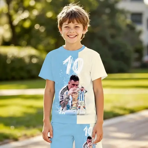 Argentina Champion Football Style Short Sleeve Set, Boys' 3D Printed Sports Two-Piece, Summer Clothing Set, Sportswear Set, Casual Outdoor Wear, Holiday Gift, Sports Clothing Set, Clothes Kids, Outfit Sets