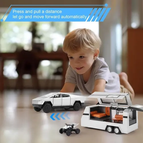 Halloween Surprise Mystery Toy,1/32 Scale Silver Tesla CyberTruck RC Vehicle Set - Radio-Controlled Cars, Miniature RC Cars, Remote Control, Sound & Light, Trailer Kit, RV, Transform Robot, Unisex 3-4 Years Kids Toy for Imaginative Play