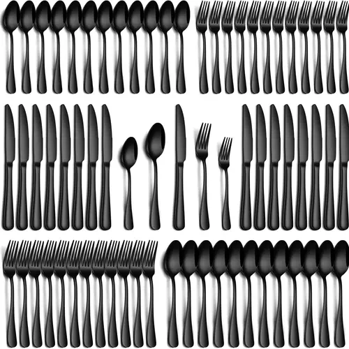 Fmvkoe 60pcs Silvery/Black Stainless Steel Silverware Suitable For 12 People To Use, Steak Knife, Salad Fork, Dessert Spoons, Cutlery Set With Gift Box, Kitchen Accessories, Home Outdoor, Wedding Camping Stuff, Christmas Party Gift, Dishwasher Safe,summer