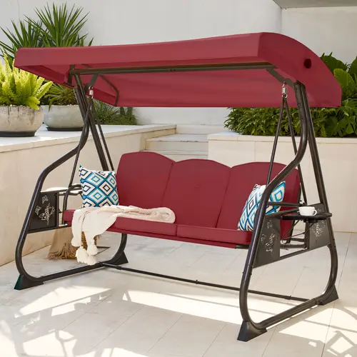 ZZW 3-Person Iron Patio Swing Bed with Stand, Durable Outdoor Furniture Sets, 800 lbs Heavy-Duty 2-in-1 Floor Furniture, All-Weather Adjustable Canopy, Cup Holder & Fabric Cushions for Backyard Deck Adults