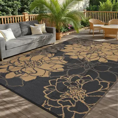 Garvee Waterproof and UV-Resistant Outdoor Plastic Straw Rugs and Camping Mats in Multiple Sizes with Reversible Designs, Portable, Hose-Cleanable, Foldable, Carry Bags, and Stakes for Patio, Porch, Balcony, Yard, RV, and Camping