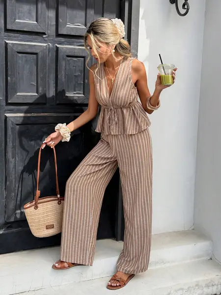 Women's Striped Tie-Waist Sleeveless Shirt Set, Long Pants Casual Two-Piece, Vintage Bohemian Style, Commuter Wear