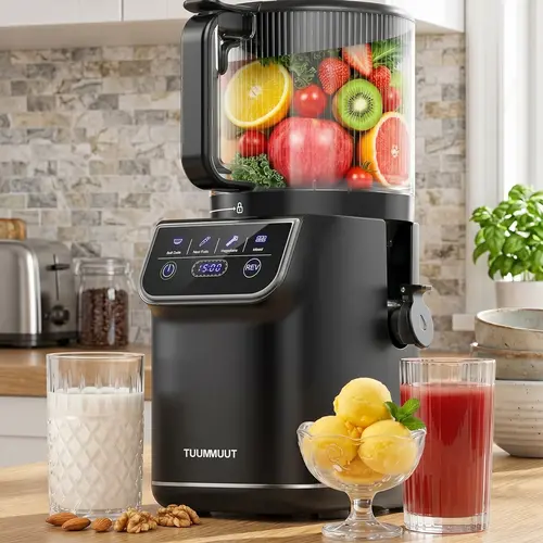 3-in-1 Cold Press Masticating Juicer Machine, 6.5” Wide Chute Variable Speed Touch-Screen Model with 220v Input, 100oz Large Capacity Countertop Appliance for Whole Fruit & Vegetable, Nut Milk, Sorbet, 30% More Juice, Dishwasher-Easy Clean