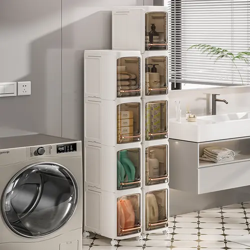 MiAoLi four-layer tall and narrow storage cabinet, made of plastic, with a slim design, doors and adjustable shelves, wheels, stackable and foldable, suitable for small spaces, bathrooms and kitchens.,summerwins