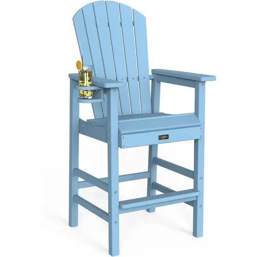 VINGLI Tall HDPE Plastic Adirondack Bar Stool - 1 PC, All Weather Material, 350lbs Load Capacity, Cup Holder, Supportive Armrests, Fade Resistant, Modern Large Garden Seating, Backyard Oasis Patio Outdoor Furniture