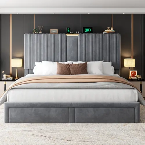 Raybee Beige Queen/King Size Bed Frame - 51.3" Tall Backrest, 2 Drawer Storage, 3 USB Ports Charging Station, Durable for Long Use, 1000 Lbs Heavy-Duty Capacity, Silent, Easy Assembly, Modern Beds (No Mattress Included)
