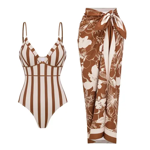 FLAXMAKER Women's Brown Stripe Print V Neck One Piece Swimsuit and Matching Cover Sarong Set Swimdress Stylish Beachwear Bathing Suit SpringStatements Swimoutfit vacation swimwear for women#Summervibes #Summervibes outdoorfun #SwimWeek summerwins
