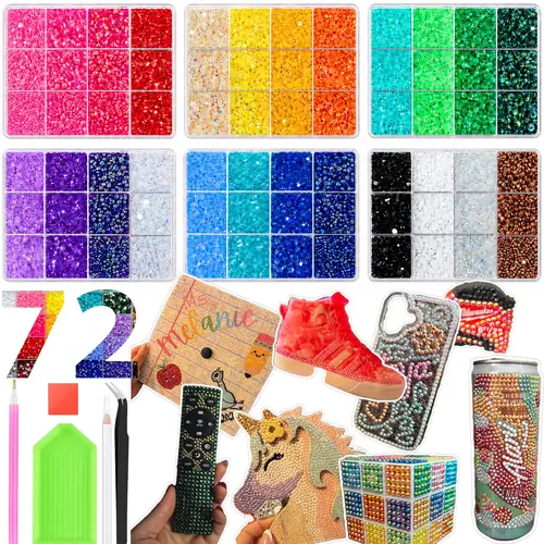 Glitter Rhinestone Bedazzling Kit — 72,000 pieces, 72-compartment sorting storage box, 3 mm glitter jelly-style adhesive rhinestones, nail technician supplies for manicures, DIY crafts, holiday decorations