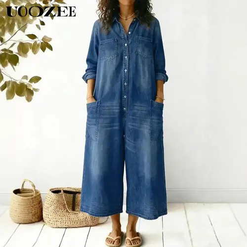 UOOZEE Women's 2026 New Long-Sleeve Cotton-Blend Denim Jumpsuit - Baggy, Collared Oversized Lapel, Buttoned, Wide Leg, Pocketed, Belt-Ready, Mock Neck, T-Shirt Inspired, Cropped Casual Fit - Ideal for Spring Brunch, Beach Style