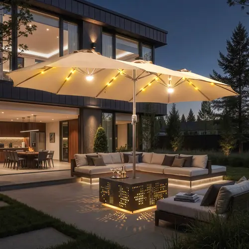 OVIOS 15FT Double-Sided Patio Umbrella with Dual Center Lights & 36 LED Solar Lights, Large Rectangular Outdoor Market Umbrella with Optional Coffee Table & Base Included for Patio, Pool & Backyard