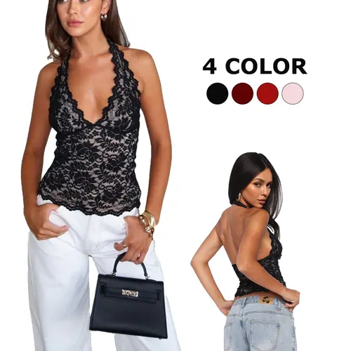Deep V Lace Short Top, Halter Neck Ruffle Design, Transparent Floral Lace, Side Gathered Waist, Backless Cutout, Sexy Daily, Elegant, Backless Sleeveless Top