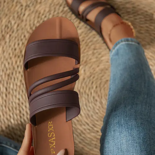 Women's Flat Sandals, PU Sandals, Casual Fashion Footwear, Flat Slides Sandals, Multi-Strap Design Soft Comfortable Fit Ideal for Daily Wear, Vacation Summer Versatile Slip-On Shoes, Footwear