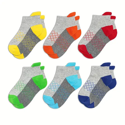 Unisex Kids Cotton Elastic Socks (Mix 6 Pairs, 6-9 Months) - Low Cut Heel Tab Athletic Socks with Arch Support, Non-Slip Breathable, Machine Washable for Running, Play